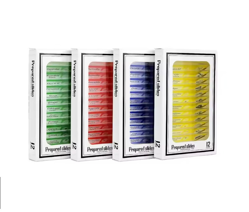 48 plastic prepared microscope slides, including plants, insects and animal tissues designed for educational purposes. Colored labels provide easy classification. Perfect for use in biological education