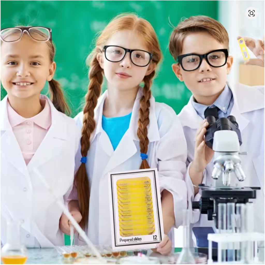 48 plastic prepared microscope slides, including plants, insects and animal tissues designed for educational purposes. Colored labels provide easy classification. Perfect for use in biological education