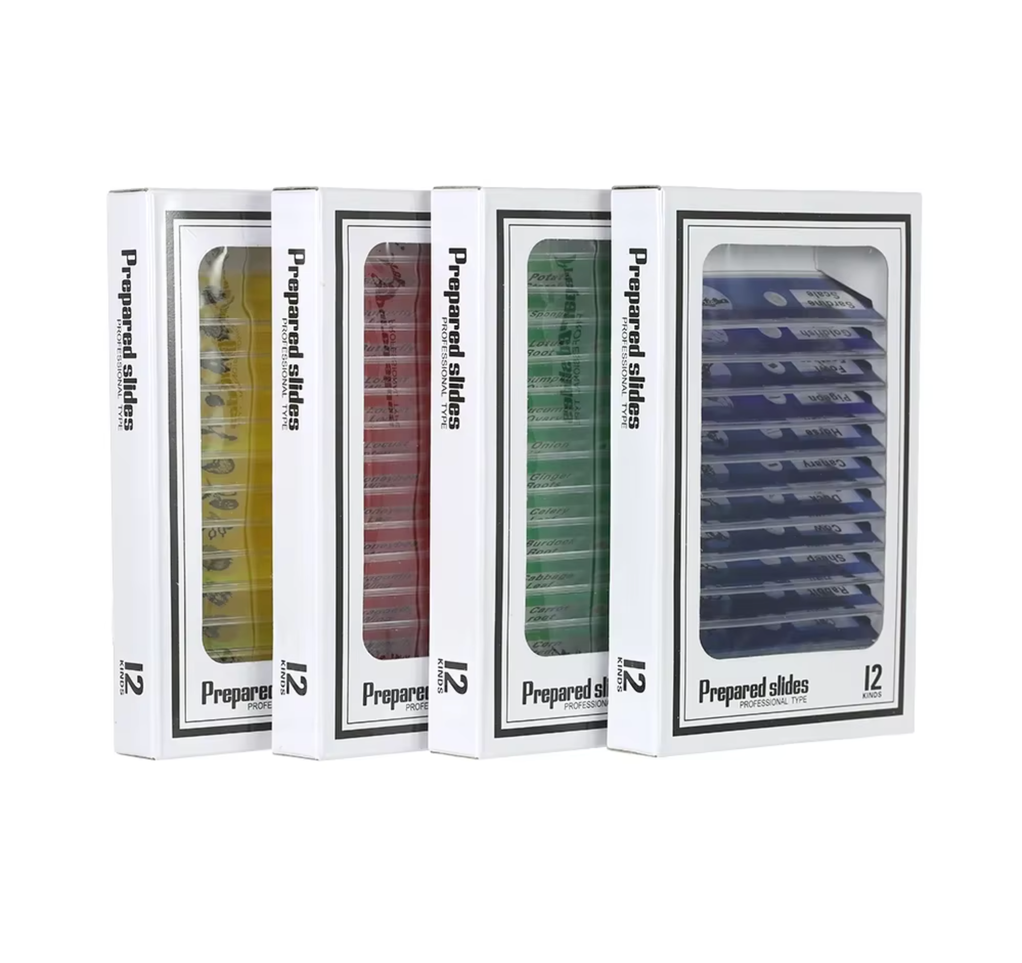 48 plastic prepared microscope slides, including plants, insects and animal tissues designed for educational purposes. Colored labels provide easy classification. Perfect for use in biological education